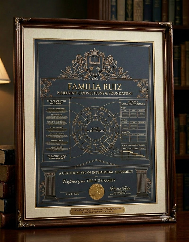 Framed, gold-foiled Family Education OS blueprint certificate for the Ruiz family, leaning against antique books